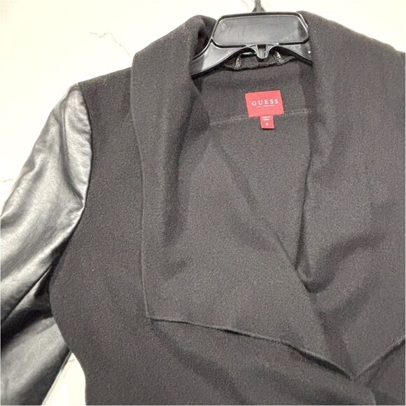 GUESS | Waterfall Women’s Open Front PU Leather Sleeves Wool Jacket M - Picture 3 of 16